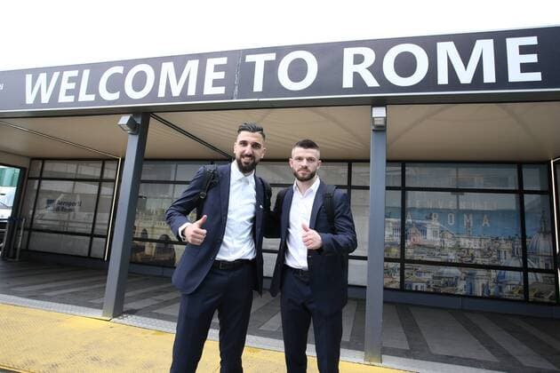 SOCCER - EL, Lazio vs RBS ROME,ITALY,04.APR.18 - SOCCER - UEFA Europa League, quarterfinal, SS Lazio vs Red Bull Salzburg, arrival at Rome airport. Image shows Munas Dabbur and Valon Berisha (RBS). GEPAxpictures xMathiasxMandl