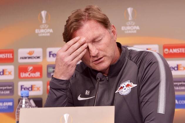 Football Europa League 2017 18 Press Conference before RB Leipzig Olympique Marseille 04 04 2018 Game on 05 04 2018 RB Leipzig Coach Ralph Hasenhüttl attacks the head of Leipzig Saxony Germany