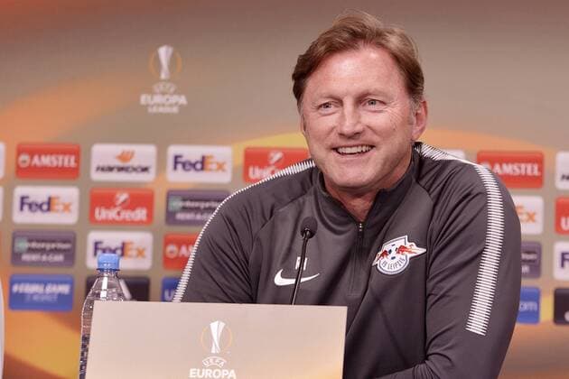 Football Europa League 2017 18 Press Conference in front of RB Leipzig Olympique Marseille 04 04 2018 Game on 05 04 2018 RB Leipzig Coach Ralph Hasenhüttl laughing Leipzig Saxony Germany
