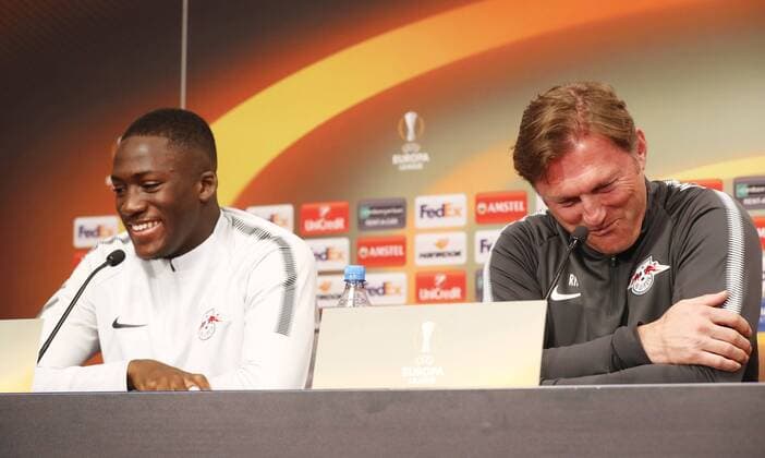 RB Leipzig PK Euro League Leipzig 04 04 2018 Red Bull Arena Soccer UEFA Euro League PK on the eve of the quarter-finals RB Leipzig vs. Olympique de Marseille Pictured l Ibrahima KonatŽ Konate RB Leipzig player and coach Ralph Hasenhüttl Hasenhuettl RB Leipzig