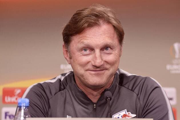 Football Europa League 2017 18 Press Conference in front of RB Leipzig Olympique Marseille 04 04 2018 Game on 05 04 2018 RB Leipzig Coach Ralph Hasenhüttl Leipzig Saxony Germany