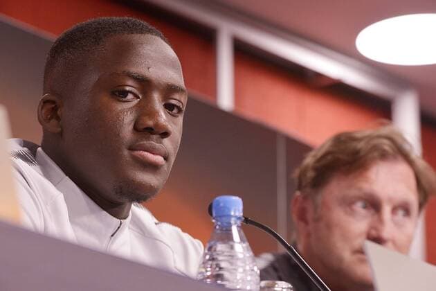 Football Europa League 2017 18 Press Conference before RB Leipzig Olympique Marseille 04 04 2018 Game on 05 04 2018 RBL Defender Ibrahima Konaté li and RBL Coach Ralph Hasenhüttl re Leipzig Saxony Germany