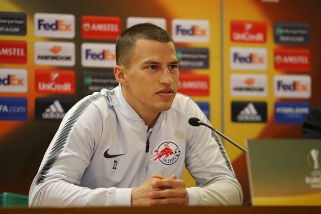 SOCCER - EL, Lazio vs RBS ROME,ITALY,04.APR.18 - SOCCER - UEFA Europa League, quarterfinal, SS Lazio vs Red Bull Salzburg, press conference PK Pressekonferenz RBS. Image shows Stefan Lainer (RBS). GEPAxpictures xMathiasxMandl