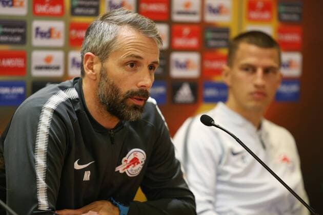 SOCCER - EL, Lazio vs RBS ROME,ITALY,04.APR.18 - SOCCER - UEFA Europa League, quarterfinal, SS Lazio vs Red Bull Salzburg, press conference PK Pressekonferenz RBS. Image shows head coach Marco Rose and Stefan Lainer (RBS). GEPAxpictures xMathiasxMandl