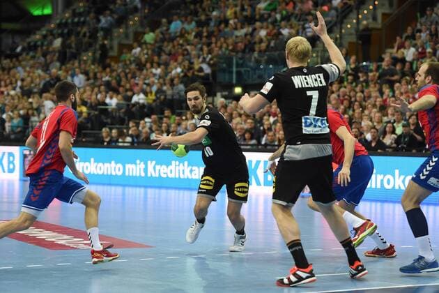 Handball Men International in Leipzig Season 2017 18 Germany Serbia Vanja Ilic No 21 Serbia Fabian Wiede No 10 Germany Patrick Wiencek No 7 Germany 04 04 18 Copyright: xMichaelxHundtx xMatthiasxKochx