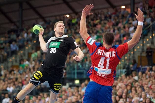 Handball Leipzig 04 04 2018 Internationals DHB Test match Germany GER Serbia SRB Julius Kühn Germany No 35 Kühn Kuhn Stevan Sretenovic Serbia No 41
