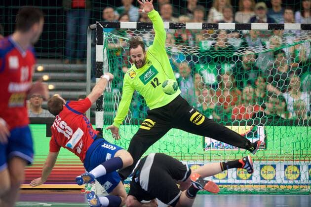Handball Leipzig 04 04 2018 Internationals DHB Test match Germany GER Serbia SRB Silvio Heinevetter Germany TW No 12 Zivan Pesic Serbia No 13