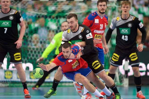 Handball Leipzig 04 04 2018 Internationals DHB Test match Germany GER Serbia SRB Stevan Sretenovic Serbia No 41 Jannik Kohlbacher Germany No 48