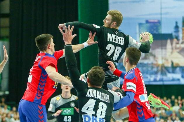 Germany Serbia Handball Leipzig 04 04 2018 Arena Leipzig Handball Internationals Men Germany Serbia Picture v l Nemanja ZelenoviÄ ‡ 25 Serbia Jannik Kohlbacher 48 Germany Philipp Weber 20 Germany and Darko Ã ukiÄ ‡ 10 Serbia