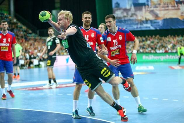 Germany Serbia Handball Leipzig 04 04 2018 Arena Leipzig Handball Internationals Men Germany Serbia In the picture v l Patrick Wiencek 7 Germany Bogdan RadivojeviÄ ‡ 14 Serbia and Nemanja ZelenoviÄ ‡ 25 Serbia