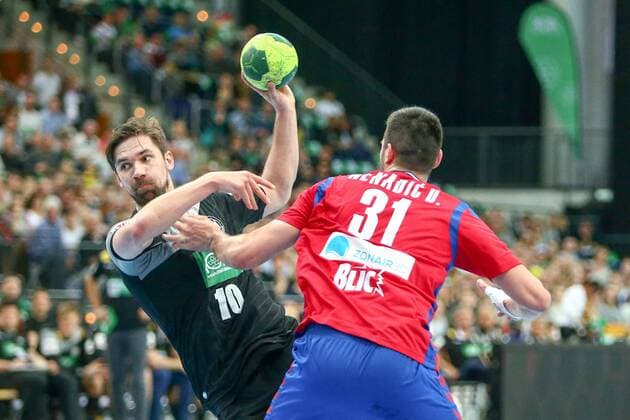 Germany Serbia Handball Leipzig 04 04 2018 Arena Leipzig Handball Internationals Men Germany Serbia In the picture v l Fabian Wiede 10 Germany and Drasko Nenadic 31 Serbia