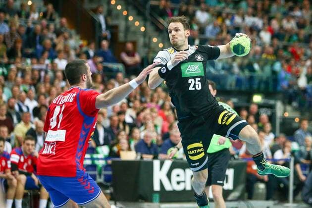 Germany Serbia Handball Leipzig 04 04 2018 Arena Leipzig Handball Internationals Men Germany Serbia In the picture v l Stevan Sretenovic 41 Serbia and Kai Häfner Haefner 25 Germany
