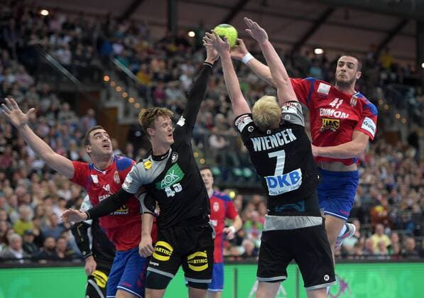 Vladimir Jevtic SRB 18 Niclas Pieczkowski GER 43 Patrick Wiencek GER 7 Stevan Sretenovic SRB 41 at game Germany GER vs Serbia SRB Handball Laenderspiel EHF Testspiel 04 04 2018 Leipzig Copyright: xEIBNER ChristianxModlax EP_CMA