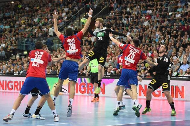 Handball Mens International in Leipzig Season 2017 18 Germany Serbia Vladimir Jevtic Nr 18 Serbia Andrija Madjar Nr 35 Serbia Philipp Weber Nr 20 Germany Nemanja Zelenovic Nr 25 Serbia Jannik Kohlbacher Nr 48 Germany 04 04 18 Copyright: xMichaelxHundtx xMatthiasxKochx