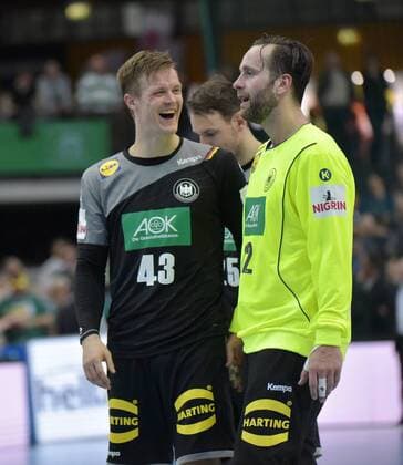 Niclas Pieczkowski GER 43 and GER Goalkeeper Silvio Heinevetter after the match Germany GER vs Serbia SRB Handball Laenderspiel EHF Testspiel 04 04 2018 Leipzig Copyright: xEIBNER ChristianxModlax EP_CMA