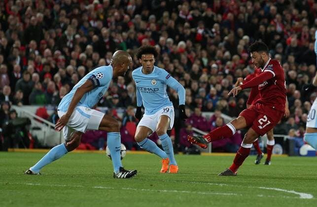 Alex Oxlade-Chamberlain of Liverpool scores the second goal during the Champions League Quarter Final 1st Leg, match at Anfield Stadium, Liverpool. Picture date: 4th April 2018. Picture credit should read: Simon Bellis Sportimage EDITORIAL USE ONLY. No use with unauthorised audio, video, data, fixture lists, club league logos or live services. Online in-match use limited to 120 images, no video emulation. No use in betting, games or single club league player publications.