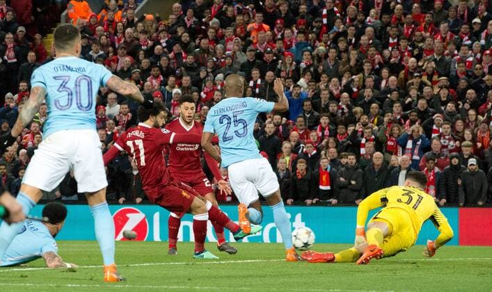 Liverpool v Manchester City UEFA Champions League Quarter Final Mohamed Salah of Liverpool scores his team s 1st goal to make it 1-0 during the UEFA Champions League Quarter Final match at Anfield, Liverpool Content Not Available For UK Newspapers Copyright: xRussellxHartx FIL-11605-0002