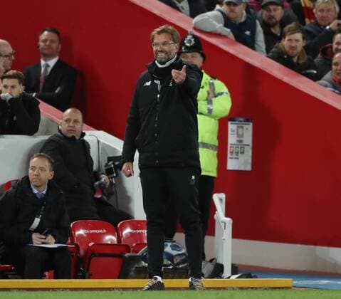 Jurgen Klopp manager of Liverpool looks on during the Champions League Quarter Final 1st Leg, match at Anfield Stadium, Liverpool. Picture date: 4th April 2018. Picture credit should read: Simon Bellis Sportimage EDITORIAL USE ONLY. No use with unauthorised audio, video, data, fixture lists, club league logos or live services. Online in-match use limited to 120 images, no video emulation. No use in betting, games or single club league player publications.