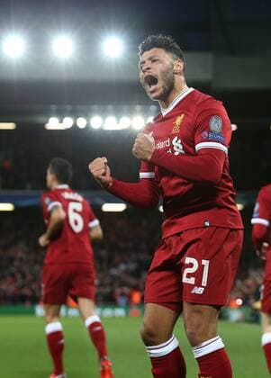 Alex Oxlade-Chamberlain of Liverpool celebrates scoring the second goal during the Champions League Quarter Final 1st Leg, match at Anfield Stadium, Liverpool. Picture date: 4th April 2018. Picture credit should read: Simon Bellis Sportimage EDITORIAL USE ONLY. No use with unauthorised audio, video, data, fixture lists, club league logos or live services. Online in-match use limited to 120 images, no video emulation. No use in betting, games or single club league player publications.