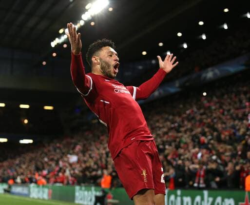 Bilder des Tages - SPORT Alex Oxlade-Chamberlain of Liverpool celebrates scoring the second goal during the Champions League Quarter Final 1st Leg, match at Anfield Stadium, Liverpool. Picture date: 4th April 2018. Picture credit should read: Simon Bellis Sportimage EDITORIAL USE ONLY. No use with unauthorised audio, video, data, fixture lists, club league logos or live services. Online in-match use limited to 120 images, no video emulation. No use in betting, games or single club league player publications.