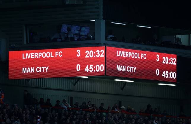 4th April 2018, Anfield, Liverpool, England; UEFA Champions League football, quarter final 1st leg, Liverpool versus Manchester City; a view of the Anfield scoreboard approaching half time  ActionPlus12008380