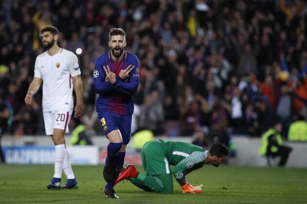 4th April 2018, Camp Nou, Barcelona, Spain; UEFA Champions League football, quarter final 1st leg, Barcelona versus AS Roma; Gerard Pique of FC Barcelona Barca scores his goal for 3-0 and celebrates the goal in the 59th minute  ActionPlus12008393