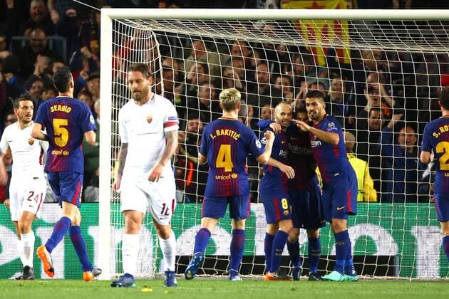 Esultanza Barcellona dopo autogol Daniele De Rossi own goal Barcellona 04 04 2018 Stadio Camp Nou Barcellona - Roma Champions League 2017 2018 Foto Gino Mancini Insidefoto GinoxMancini