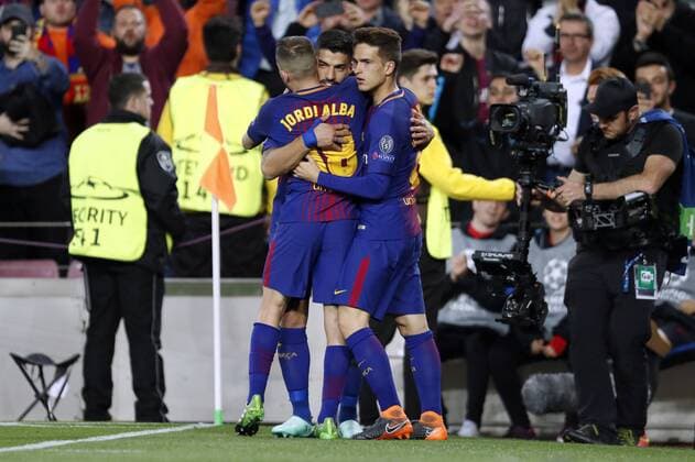 (l-r) Jordi Alba of FC Barcelona Barca Luis Suarez of FC Barcelona, Denis Suarez of FC Barcelona during the UEFA Champions League quarter final match between FC Barcelona and AS Roma at the Camp Nou stadium on April 04, 2018 in Barcelona, Spain. UEFA Champions League 2017 2018 xVIxVIxImagesx xMauricexvanxSteenxIVx 10543404