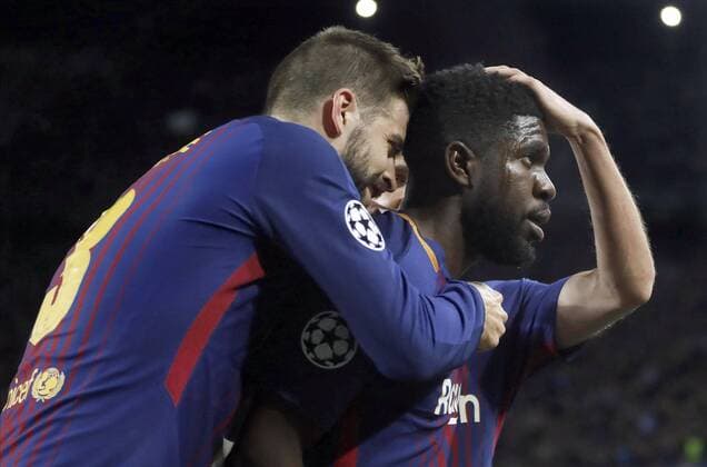 Barcelona s Samuel Umtiti jubilates a goal with Gerard Pique (L) during the UEFA Champions League quarter-final first leg match between FC Barcelona Barca and AS Roma at the Camp Nou stadium in Barcelona, Spain, 04 April 2018. FC Barcelona vs. AS Roma !ACHTUNG: NUR REDAKTIONELLE NUTZUNG!  Copyright: xAndreuxDalmaux BCN18 20180404-636584785655974358
