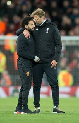 Liverpool v Manchester City UEFA Champions League Quarter Final Liverpool manager Jurgen Klopp (right) with Mohamed Salah of Liverpool following the UEFA Champions League Quarter Final match at Anfield, Liverpool Content Not Available For UK Newspapers Copyright: xRussellxHartx FIL-11605-0021