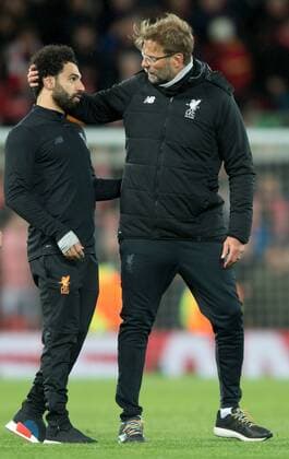 Liverpool v Manchester City UEFA Champions League Quarter Final Liverpool manager Jurgen Klopp (right) with Mohamed Salah of Liverpool following the UEFA Champions League Quarter Final match at Anfield, Liverpool Content Not Available For UK Newspapers Copyright: xRussellxHartx FIL-11605-0022