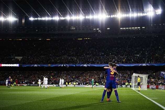 4th April 2018, Camp Nou, Barcelona, Spain; UEFA Champions League football, quarter final 1st leg, Barcelona versus AS Roma; Gerard Pique of FC Barcelona Barca celebrates his goal for 3-0 with Sergi Roberto of FC Barcelona  ActionPlus12008431