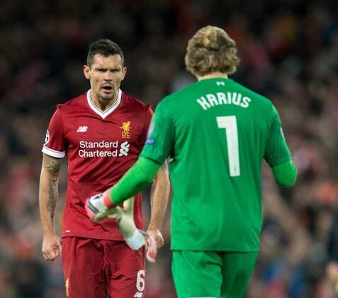 Liverpool v Manchester City UEFA Champions League Quarter Final Dejan Lovren of Liverpool (left) with Liverpool goalkeeper Loris Karius following the UEFA Champions League Quarter Final match at Anfield, Liverpool Content Not Available For UK Newspapers Copyright: xRussellxHartx FIL-11605-0025