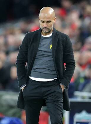 4th April 2018, Anfield, Liverpool, England; UEFA Champions League football, quarter final 1st leg, Liverpool versus Manchester City; Pep Guardiola, manager of Manchester City reacts as his team concede a second goal in quick succession  ActionPlus12008433