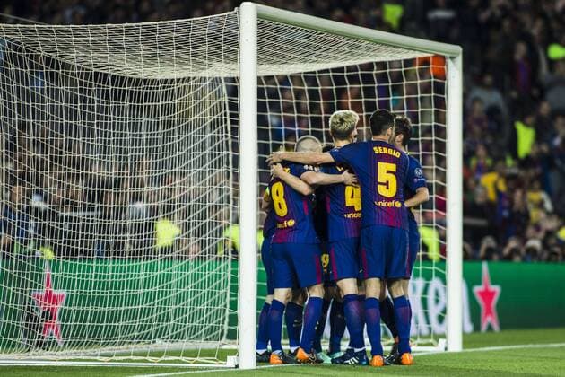 April 4, 2018 - Barcelona, Spain - 10 Leo Messi from Argentina of FC Barcelona Barca celebrating his goal with the team during the Quarter-finals 1st leg between FC Barcelona v A.S. Roma at Camp Nou Stadium on 04 of April of 2018 in Barcelona. FC Barcelona v AS Roma - UEFA Champions League Quarter Final Leg One  - ZUMAn230 20180404_zaa_n230_306 Copyright: xXavierxBonillax