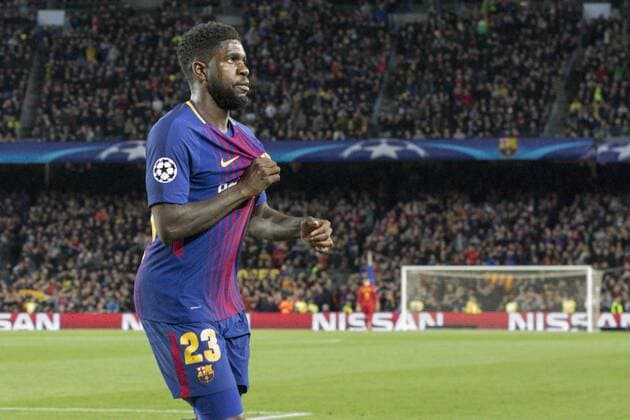 FC Barcelona Barca defender Samuel Umtiti (23) celebrates scoring the goal during the UEFA Champions League match between FC Barcelona and AS Roma at Camp Nou Stadium corresponding of Quarter-finals, First leg on April 4, 2018 in Barcelona, Spain. (Credit: Mikel Trigueros Urbanandsport Cordon Press)  xMikelxTriguerosx xUrbanandsportx xCordonxPressx xSPAINx-xFCxBARCELONAx-xASxROMAx-xCHAMPIONSx-xLEAGUEx