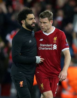 4th April 2018, Anfield, Liverpool, England; UEFA Champions League football, quarter final 1st leg, Liverpool versus Manchester City; Mohammed Salah of Liverpool is congratulated by James Milner of Liverpool at the final whistle  ActionPlus12008450