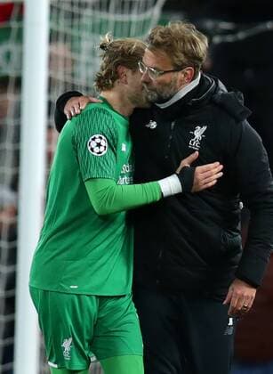 4th April 2018, Anfield, Liverpool, England; UEFA Champions League football, quarter final 1st leg, Liverpool versus Manchester City; Jurgen Klopp, Liverpool manager hugs his goalkeeper Loris Karius after the final whistle  ActionPlus12008451