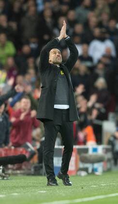 Liverpool v Manchester City UEFA Champions League Quarter Final Manchester City manager Pep Guardiola claps to the sky during the UEFA Champions League Quarter Final match at Anfield, Liverpool Content Not Available For UK Newspapers Copyright: xRussellxHartx FIL-11605-0036