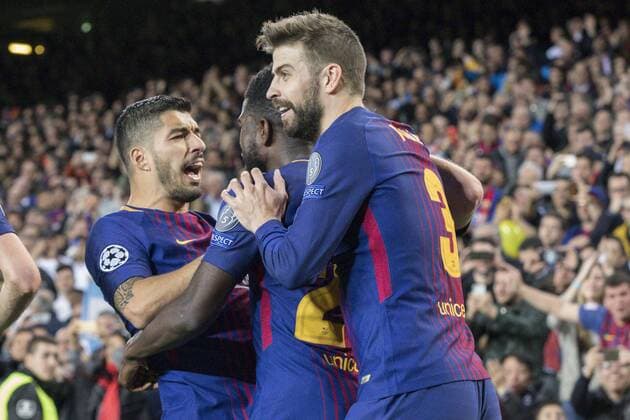 FC Barcelona Barca defender Samuel Umtiti (23) with his teammates of FC Barcelona, FC Barcelona forward Luis Suarez (9) and FC Barcelona defender Gerard Pique (3) celebrates after scoring the goal during the UEFA Champions League match between FC Barcelona and AS Roma at Camp Nou Stadium corresponding of Quarter-finals, First leg on April 4, 2018 in Barcelona, Spain. (Credit: Mikel Trigueros Urbanandsport Cordon Press)  xMikelxTriguerosx xUrbanandsportx xCordonxPressx xSPAINx-xFCxBARCELONAx-xASxROMAx-xCHAMPIONSx-xLEAGUEx