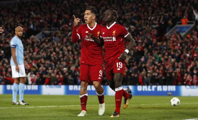 Football - 2017 2018 UEFA Champions League - Quarter-Final, First Leg: Liverpool vs. Manchester City Sadio Mane of Liverpool celebrates scoring the third goal at Anfield. COLORSPORT LYNNE CAMERON 