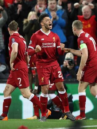 Football - 2017 2018 UEFA Champions League - Quarter-Final, First Leg: Liverpool vs. Manchester City Alex Oxlade-Chamberlain of Liverpool celebrates scoring the second goal at Anfield. COLORSPORT LYNNE CAMERON 