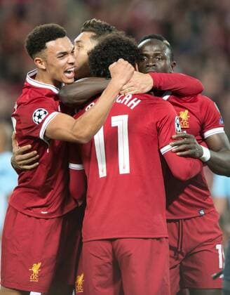 Liverpool v Manchester City UEFA Champions League Quarter Final Liverpool players celebrate after Sadio Mane (right) makes it 3-0 during the UEFA Champions League Quarter Final match at Anfield, Liverpool Content Not Available For UK Newspapers Copyright: xRussellxHartx FIL-11605-0041