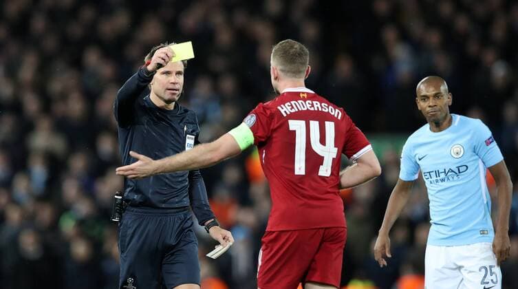 Football - 2017 2018 UEFA Champions League - Quarter-Final, First Leg: Liverpool vs. Manchester City Jordan Henderson of Liverpool is booked at Anfield. COLORSPORT LYNNE CAMERON 