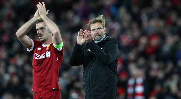 Football - 2017 2018 UEFA Champions League - Quarter-Final, First Leg: Liverpool vs. Manchester City Jurgen Klopp manager of Liverpool and Jordan Henderson of Liverpool at Anfield. COLORSPORT LYNNE CAMERON 
