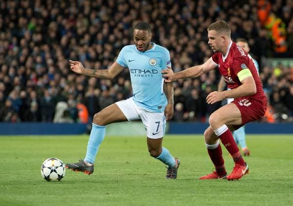 Liverpool v Manchester City UEFA Champions League Quarter Final Raheem Sterling of Manchester City (left) is closed down by Jordan Henderson of Liverpool during the UEFA Champions League Quarter Final match at Anfield, Liverpool Content Not Available For UK Newspapers Copyright: xRussellxHartx FIL-11605-0049