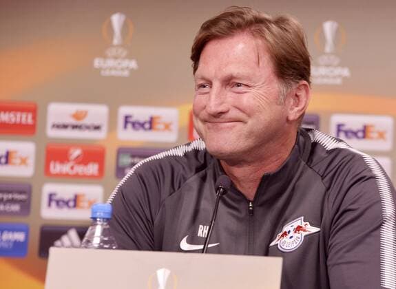 Football Europa League 2017 18 Press Conference in front of RB Leipzig Olympique Marseille 04 04 2018 Game on 05 04 2018 RB Leipzig Coach Ralph Hasenhüttl laughing Leipzig Saxony Germany