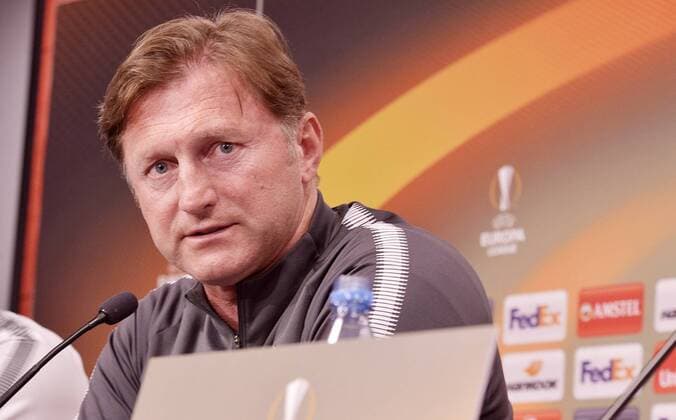 Football Europa League 2017 18 Press Conference in front of RB Leipzig Olympique Marseille 04 04 2018 Game on 05 04 2018 RB Leipzig Coach Ralph Hasenhüttl ernst Leipzig Saxony Germany