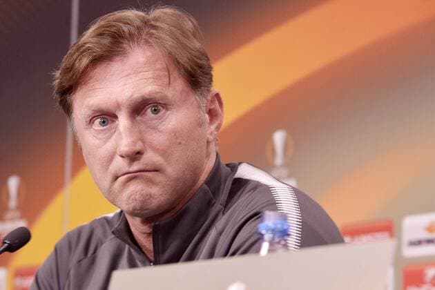Football Europa League 2017 18 Press Conference in front of RB Leipzig Olympique Marseille 04 04 2018 Game on 05 04 2018 RB Leipzig Coach Ralph Hasenhüttl serious thoughtfully refusing Leipzig Saxony Germany