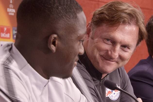 Football Europa League 2017 18 Press Conference before RB Leipzig Olympique Marseille 04 04 2018 Game on 05 04 2018 RB Leipzig Coach Ralph Hasenhüttl re smiles defender Ibrahima Konaté li at Leipzig Saxony Germany